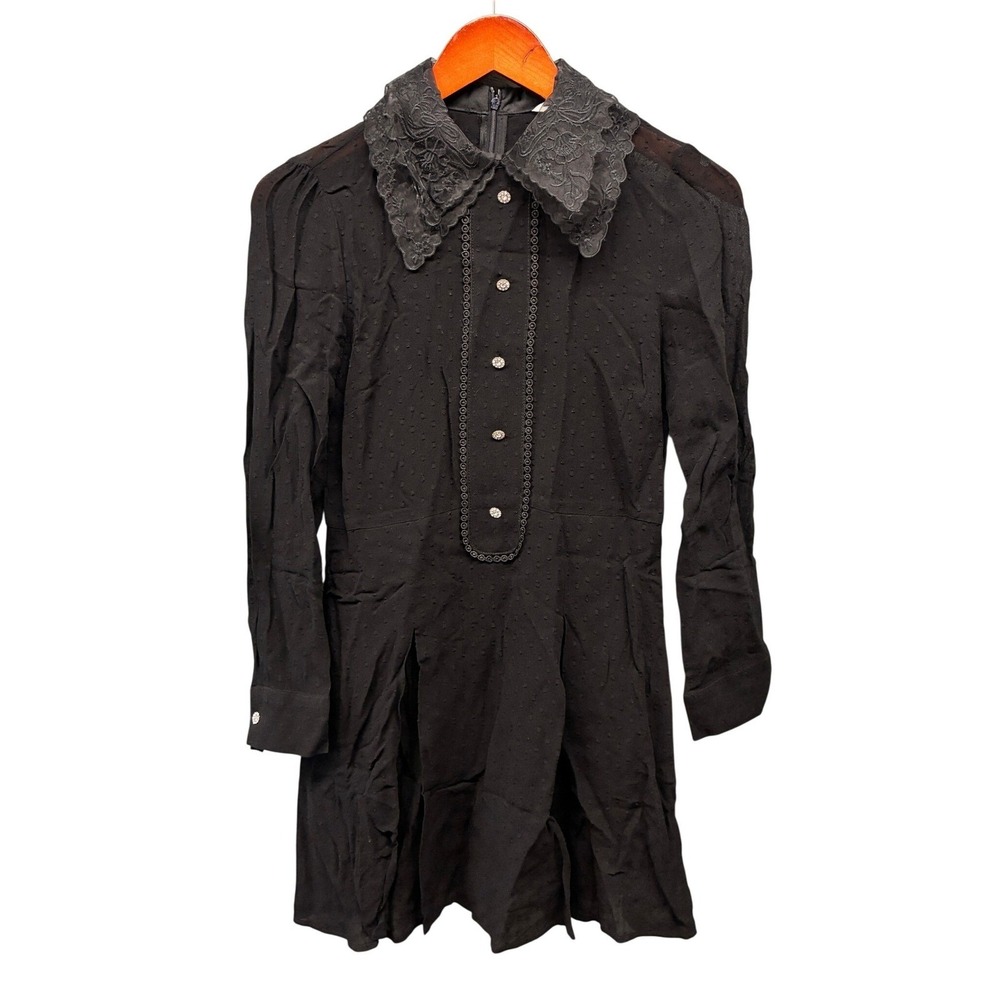 Zara Lace Collar Dobby Mini Shirt Dress Womens XS Black Swiss Dot Goth